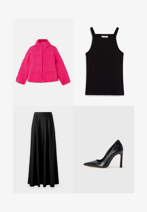 Spilgti rozā pūkains mētelis ar augstu apkakli un vertikālu ribotu tekstūru, priekšējā rāvējslēdzēju aizdare un garām piedurknēm.; Melna tops ar plānām spaghetti siksniņām, izgatavots no ribota auduma, ar taisnu griezumu un uzrakstu uz kakla izgriezuma "IVY OAK."; Melnas, grīdai pieguļošas svārki ar gludu tekstūru, platām jostām un pleitu dizainu, bez redzamām apdrukām vai rotājumiem.; Melni augstpapēžu apavi ar norādītu purngalu, ar krokodila ādas tekstūru, izceļoties ar elegantu dizainu, augstu stiletto papēdi un gludu melnu interjeru.