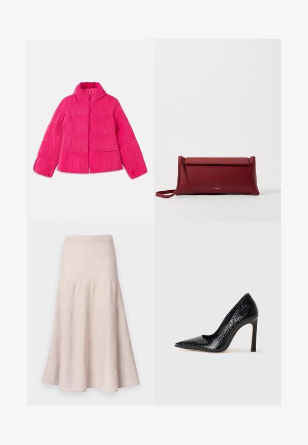 Lys pink puffjakke med høj krave og vertikal ribstrik, frontlynlås og lange ærmer.; Sort tanktop med tynde spaghetti-stropper, lavet af et ribbet stof, med en lige skæring og et mærke ved halsudskæringen, der står "IVY OAK."; Lysebeige skørt med vidde, lavet af blødt stof, med høj talje og et rynket design med en flydende silhuet.; Sorte spidse tå stiletto-sko i krokodilleskind med et strømlinet design, høj hæl og glat sort inderside.; Rød læder clutchtaske med tekstureret overflade, der har et fladt fold-over top og en kort rem. Diskret logo på fronten.