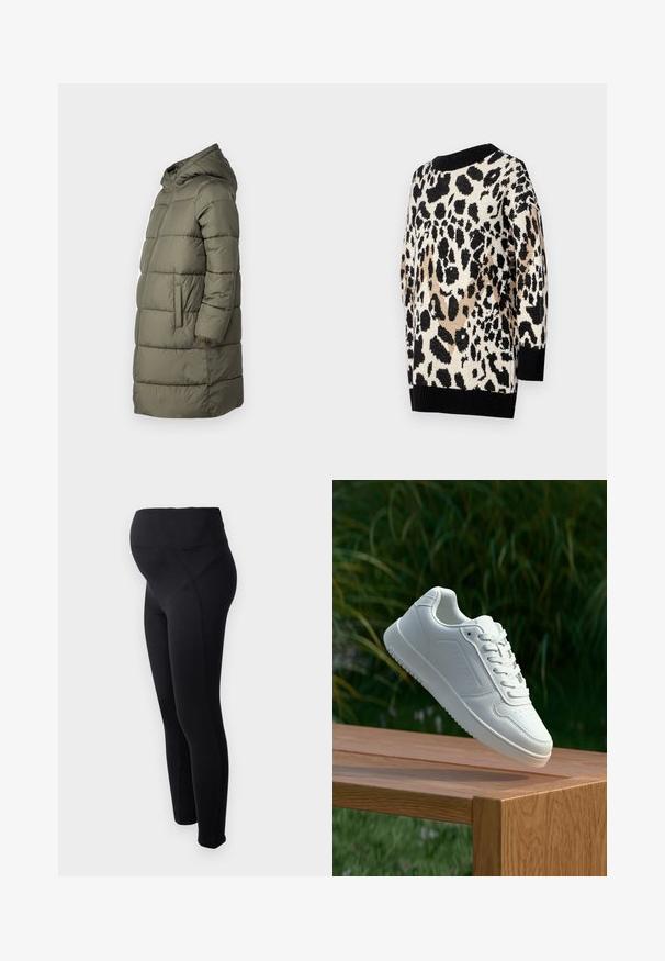 Kobieca kurtka puchowa w oliwkowym kolorze. Posiada kaptur, zamek błyskawiczny na całej długości, dwie kieszenie boczne oraz pikowany wzór z poziomymi szwami.; Sweter w panterkę w neutralnych odcieniach czerni, beżu i kremu. Ma okrągły dekolt oraz prążkowane czarne mankiety i dół.; Czarne legginsy ciążowe z wysokim stanem, wykonane z elastycznego materiału. Charakteryzują się gładką fakturą i dopasowanym krojem dla wygody.; Biały sneaker z gładką syntetyczną cholewą, perforowanym noskiem, płaskimi sznurowadłami i teksturowaną podeszwą, wyeksponowany na drewnianej powierzchni.