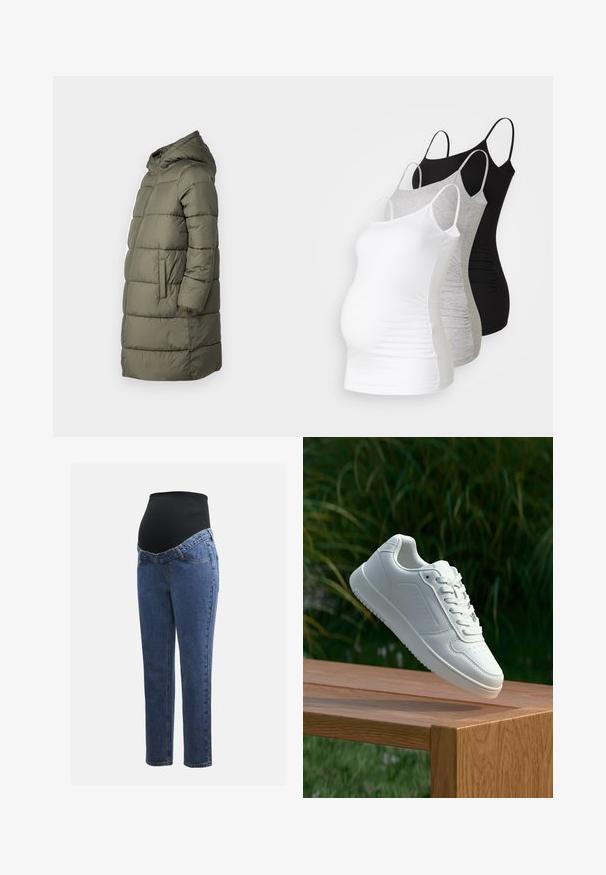 Dame puffer jakke i olivengrøn. Har hætte, hel lynlås, to sidelommer og et quiltet design med vandret syninger.; Tre graviditetstoppe i hvid, grå og sort. Strækbart stof med justerbare spaghetti-stropper og sammenkrøllede sidesømme for komfort.; Graviditetsjeans med ben i blå denim og en sort strækbare abdominalpanel designet til at støtte og dække en voksende mave.; Hvid sneaker med en glat syntetisk overdel, perforeret tåboks, flade snørebånd og en tekstureret sål, præsenteret på en træoverflade.