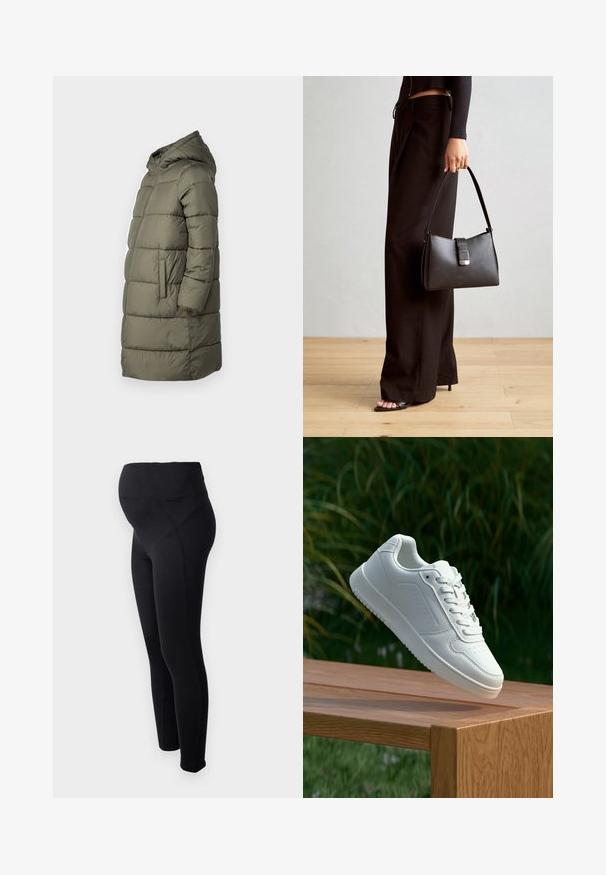 Women's puffer coat in olive green. Features a hood, full-length zipper, two side pockets, and a quilted design with horizontal stitching.; Three maternity tank tops in white, gray, and black. Stretchy fabric with adjustable spaghetti straps and gathered side seams for comfort.; Black maternity leggings with a high waistband, made from stretchy material. Features a smooth texture and a fitted design for comfort.; White sneaker with a smooth synthetic upper, perforated toe box, flat laces, and a textured sole, displayed on a wooden surface.; Black handbag with structured shape, smooth texture, and a metallic clasp. Paired with wide black pants and open-toe sandals on wooden floor.