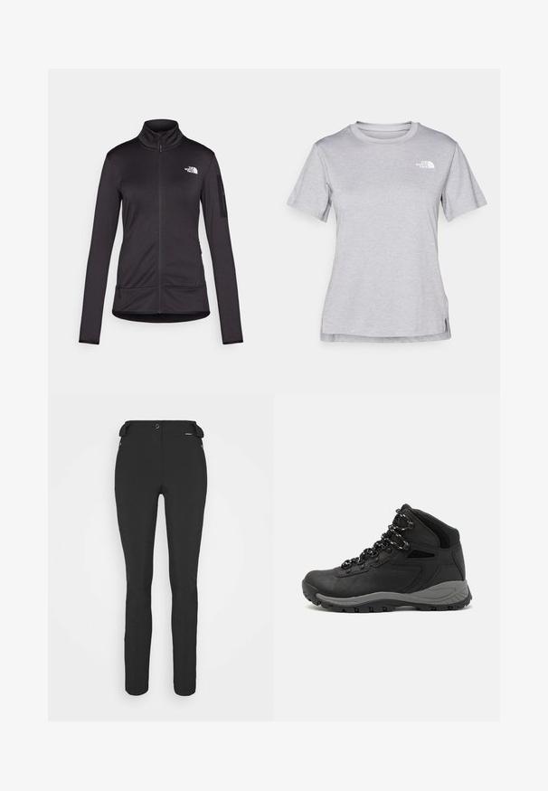 Czarna, długosleeve'owa kurtka zapinana na zamek, uszyta z miękkiego, elastycznego materiału. Posiada wysoki kołnierz, dwie kieszenie z przodu oraz logo na klatce piersiowej.; Szara, krótkozasięgowa koszulka wykonana z miękkiego, odprowadzającego wilgoć materiału. Posiada okrągły dekolt oraz małe białe logo w górnym lewym rogu.; Czarne, dopasowane spodnie wykonane z elastycznego materiału. Cechy to kieszeń boczna na zamek, strefowe kolana oraz gładka faktura.; Czarne buty trekkingowe z średnim cholewem, z teksturowaną cholewą, szarymi akcentami oraz trwałą gumową podeszwą z wypustkami zapewniającymi przyczepność.