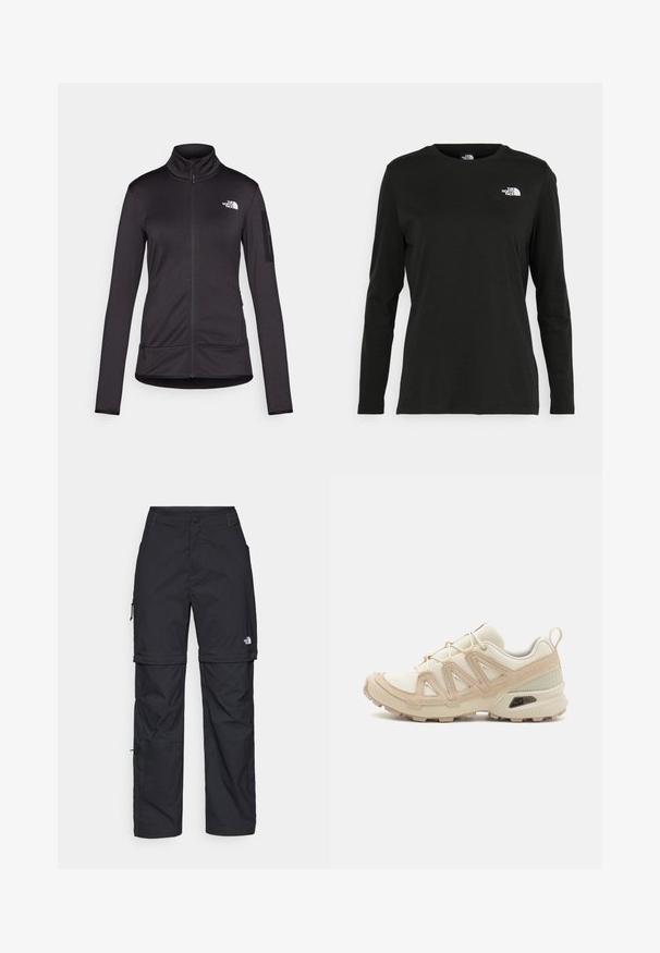 Must have pikad varrukad ja tõmblukuga must jakk, mis on valmistatud pehmest ja venivast kangast. Omab kõrget kaelust, kahte esikotti ja logo rinnal.; Must mustahiheline T-särk, millel on pikad varrukad, valmistatud puuvillast ja ümarast kaelusest. Vasakul rinnal on väike valge logo. Lihtne disain ja sobivus.; Mustad nailonist valmistatud eemaldatavad cargo-püksid, reguleeritavate pahkluudega, mitmete taskutega ja paremal jalal logoga. Sile, kerge tekstuur.; Beež ja koobalti spordijalats tekstureeritud võrkkattega, toetavad ülemised kihid ja kummist tallaga, millel on mustriga joonistus haardeks.