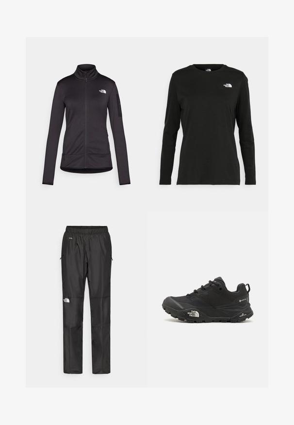 Musta, pitkähihainen vetskari-takki, joka on valmistettu pehmeästä ja joustavasta kankaasta. Varustettu korkealla kauluksella, kahdella etutaskulla ja logolla rinnassa.; Musta pitkähihaisen t-paita, joka on valmistettu puuvillasta ja jossa on pyöreä kaula-aukko. Vasemmassa rinnassa on pieni valkoinen logo. Yksinkertainen muotoilu ja istuvuus.; Mustat vettä hylkivät housut kevyestä kankaasta, joissa on joustava vyötärö, sivutaskut ja logo vasemmassa lahkeessa.; Musta vaelluskengä, jossa on teksturoitu päällinen, nauhakiinnitys ja paksu kumipohja, jossa on näkyvä logo sivulla ja kavennuskuviointi.