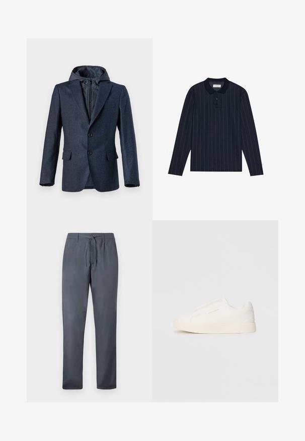 Pal Zileri GIACCA UOMO - Blazer - black; Polo de manga longa azul-marinho com collar, apresentando finas riscas verticais e abertura com três botões. Textura de tecido suave.; Calças cinzas feitas de tecido suave, apresentando um fecho com cordão e bolsos laterais. Design de perna reta com um acabamento limpo.; Sapatilhas brancas de atacar com uma superfície texturizada, sola grossa e design minimalista. Possui o logo da marca na lateral.