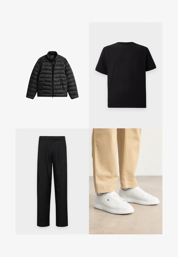 Čierna prešívaná bunda s predným zipsom, vysokým golierom a horizontálnym prešívaným vzorom. Má dve vrecká so zipsom a logo na hrudi.; Čierne tričko s krátkym rukávom vyrobené z textúrovanej látky, s okrúhlym výstrihom a voľným strihom. Jednoduché, bez vzorov alebo akcentov.; Čierne nohavice vyrobené z hladkej tkaniny, s rovnými nohavicami, dvoma prednými skladmi a štandardným pásom s pútkami na opasok.; Biele kožené tenisky s hladkým povrchom, s okrúlym špičkou, šnurovaním a jemným logom na boku, skombinované s béžovými nohavicami.
