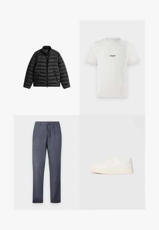 Casaco acamado preto com fecho de correr frontal, gola alta e design acolchoado horizontal. Possui dois bolsos com fecho de correr e um logótipo no peito.; T-shirt de algodão branca com mangas curtas, apresentando um logótipo preto "JJ Studios" no peito. Design de gola redonda e ajuste padrão.; Calças cinzas feitas de tecido suave, apresentando um fecho com cordão e bolsos laterais. Design de perna reta com um acabamento limpo.; Sapatilhas brancas de atacar com uma superfície texturizada, sola grossa e design minimalista. Possui o logo da marca na lateral.