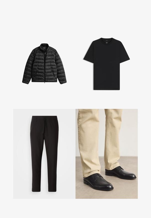 Chaqueta acolchada negra con cremallera frontal, cuello alto y diseño acolchado horizontal. Cuenta con dos bolsillos con cremallera y un logo en el pecho.; Camiseta negra de manga corta fabricada con una suave mezcla de algodón, que presenta un cuello redondo y un diseño minimalista sin patrones ni acentos.; Pantalones de chándal negros de tejido suave. Cuentan con una cintura elástica con cordón, piernas ajustadas y sin bolsillos visibles. Diseño sencillo.; Zapatos de cuero negro con cordones, puntera redondeada, acabado suave y sutiles detalles de costura, combinados con pantalones de color beige claro.