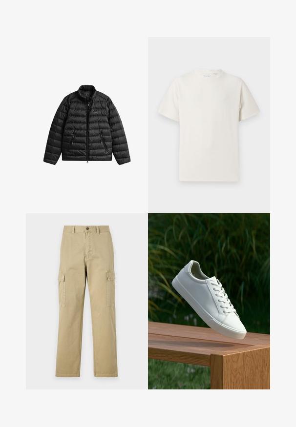 Čierna prešívaná bunda s predným zipsom, vysokým golierom a horizontálnym prešívaným vzorom. Má dve vrecká so zipsom a logo na hrudi.; Biela krátka tričko s krátkym rukávom so žebrovanou textúrou. Okrúhly výstrih, uvoľnený strih, žiadne viditeľné vzory ani akcenty. Jednoduchý a všestranný dizajn.; Bežové cargo nohavice vyrobené z bavlny, s dvoma bočnými vreckami, zapínaním na gombík a rovným strihom s mierne textúrovanou tkaninou.; Biele šnurovacie tenisky sa vznášajú nad drevenou lavicou so zeleným porastom v pozadí, predvádzajúc design a textúru topánok.