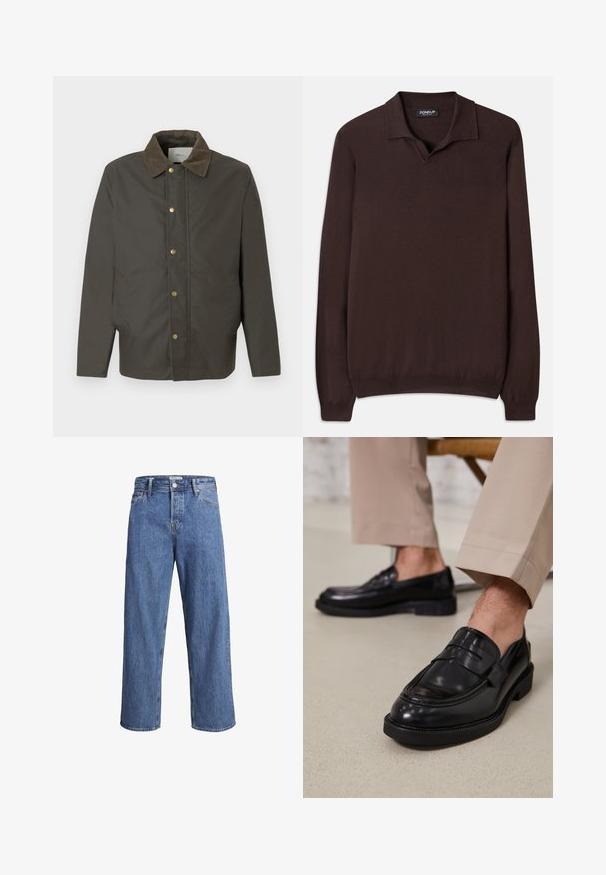 Tamno smeđi sakoi s korduroj ovratnikom, prednjim gumbima za zatvaranje i bočnim džepovima, prikazan na jednostavnom bijelom pozadini.; Dondup REGULAR FIT SHIRT - Vesta - cioccolato; Svijetloplave traperice sa ravnim nogavicama, visokim strukom i minimalnim šavovima. Tkanina ima mekan, blago izblijedjelu teksturu.; Crne kožne mokasine s glatkom obradom, koje imaju dekorativnu traku i kontrastnu šav, u kombinaciji s bež hlačama.