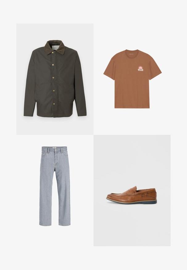 Mørkebrun jakke med kordfløyelskrage, frontknapper med trykknapp og sidelommer, vist på en ensfarget hvit bakgrunn.; Brun kortermet T-skjorte laget av bomull, med et rosa solgrafikk og "SOLAR" tekst på venstre bryst. Rund halsdesign.; Lyseblå denimbukser med avslappet passform, rett ben-design, synlige sømmer, to frontlommer og knappelukking.; Brune skinnloafers med rund tå, broderte detaljer og såle i gummi. Designet har et bånd over vristen.