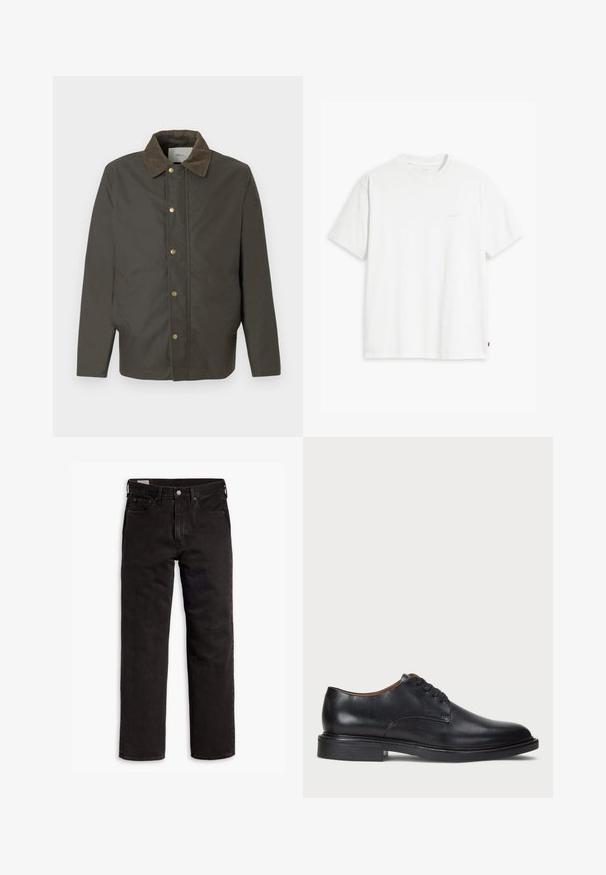 Casaco castanho-escuro com colarinho de veludo cotelê, botões de pressão na frente e bolsos laterais, exibido sobre um fundo branco simples.; T-shirt de algodão branco com mangas curtas, decote redondo e logo discreto da Levi's impresso no centro. Tecido macio e ajuste padrão.; Jeans de denim pretos de perna reta com cinco bolsos, fecho de botão e passantes para cinto, dispostos em uma superfície branca.; Sapato de vestido em couro preto com bico redondo, design com atacadores e um salto baixo empilhado. Textura suave com detalhes de costura mínimos.