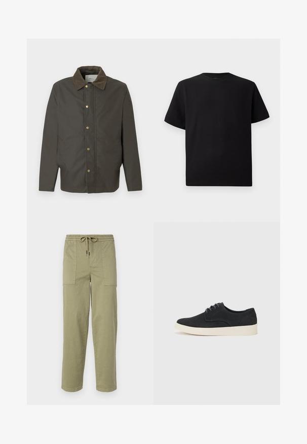 Mørkebrun jakke med kordfløyelskrage, frontknapper med trykknapp og sidelommer, vist på en ensfarget hvit bakgrunn.; Svart T-skjorte med korte ermer laget av teksturert stoff, med rund halslinning og en avslappet passform. Enkel, uten mønstre eller detaljer.; Lys olivengrønne bukser laget av bomullsblandingsstoff, med elastisk midje og snor, samt to store sidelommer.; Sorte svinedersko med snøring og rund tå, lett kremfarget såle og subtile blå broderi detaljer på overdelen.