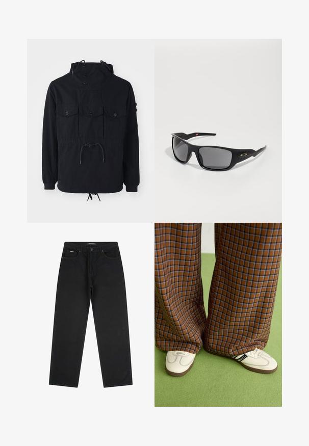 A jaqueta leve preta apresenta um capuz com cordão, múltiplos bolsos frontais e uma cintura ajustada. Tecido liso com um corte descontraído.; Fato de treino rosa, feito de tecido suave, com um bolso canguru, capuz ajustável por cordão e o logo branco da adidas no lado esquerdo do peito.; Jeans pretos de perna reta com botão e fecho na frente, passantes para cinto e design de cinco bolsos, deitados sobre um fundo branco.; Calças largas em padrão xadrez castanho e azul, combinadas com sapatos brancos com detalhes pretos e solas texturizadas, contra um fundo verde.; Óculos de sol pretos com forma retangular, feitos de plástico durável, com lentes cinzas e um detalhe dourado na lateral.