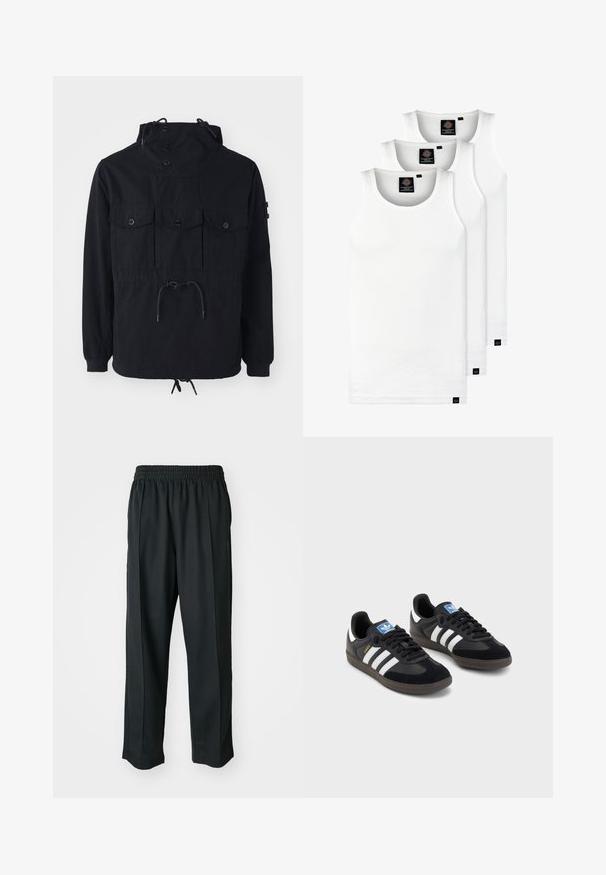 Black lightweight jacket features a drawstring hood, multiple front pockets, and a cinched waist. Smooth fabric with a relaxed fit.; Three white ribbed tank tops made of cotton. Features a crew neck and small black labels near the hem. Available in multiple sizes.; Black athletic pants with an elastic waistband, made of smooth fabric, featuring subtle side stitching and a relaxed fit, straight leg design.; Black sneakers with a suede and synthetic upper, featuring three white stripes, textured rubber sole, and blue logo tag on the tongue.