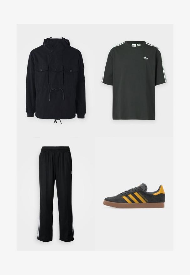 Sort letvægtsjakke med snøre i hætten, flere frontlommer og en indsnævret talje. Glat stof med en afslappet pasform.; Sort bomulds-T-shirt med korte ærmer, rund hals og hvide tre-stribede detaljer på skuldrene. Har et lille hvidt logo på brystet.; Sorte træningsbukser med elastisk talje, der har hvide sidestænger og et lille logo. Materialet ser blødt og let ud.; Sort suedet sneaker med gule accenter, der har tre striber og en brun gummisål. Inkluderer en polstret tunge for komfort.