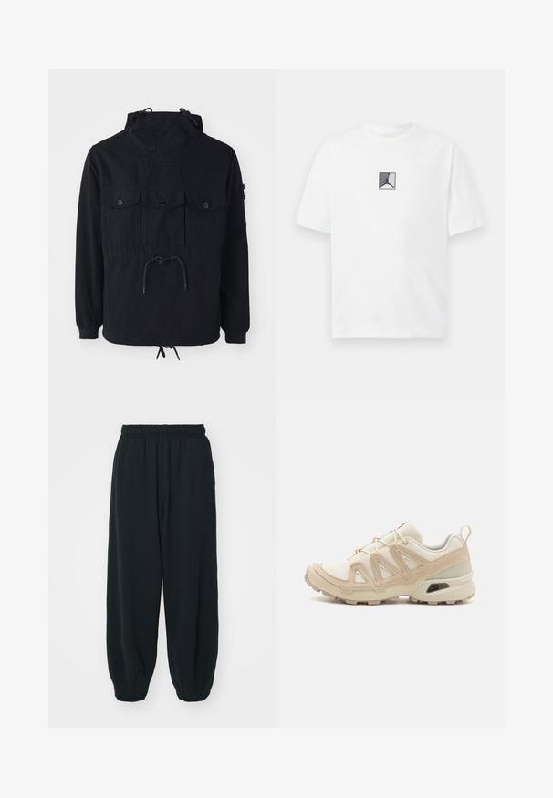 Čierna ľahká bunda s nastaviteľnou kapucňou, viacerými prednými vreckami a stiahnutým pásom. Hladká tkanina s voľným strihom.; Biela bavlnená tričko s čiernym a šedým logom v strede. Klasický okrúhly výstrih a krátke rukávy s voľným strihom.; Čierne tepláky s elastickým pásom, vo voľnom strihu, s manžetami na členkoch, hladkej textúry a bez viditeľných vzorov alebo kovových doplnkov.; Beige a krémová športová obuv s textúrovaným sieťovým zvrškom, podporujúcimi prekrytiami a gumovou podrážkou s dezénom pre trakciu.