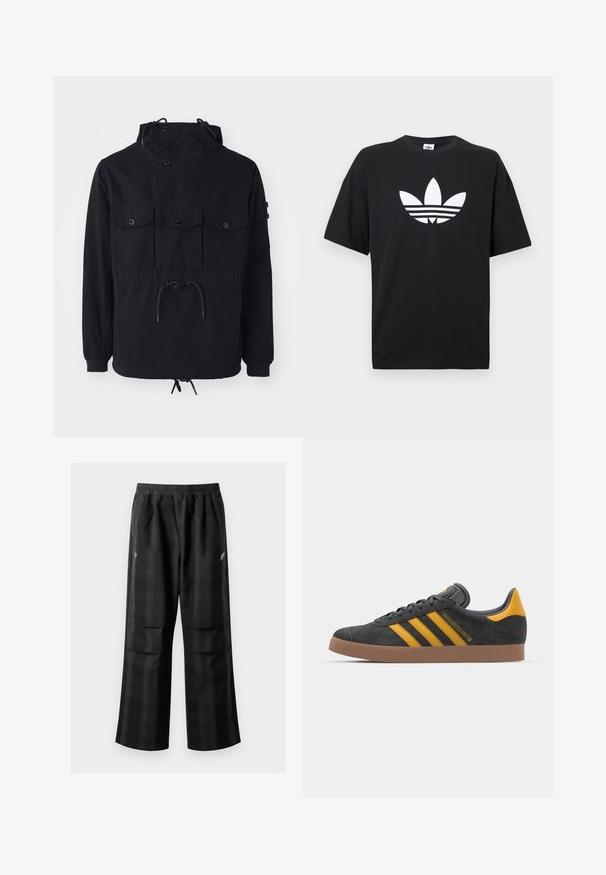 Svart lett jakke med snorhette, flere frontlommer og innsnørt midje. Glatt stoff med en avslappet passform.; Svart bomulls t-skjorte med korte ermer, med en stor hvit Adidas-logo og tre horisontale striper nederst. Klassisk crew neck-design.; Svarte rutete bukser med elastisk midje, to frontlommer og løs passform med rett ben-design. Laget av lett materiale.; Sort skinnesko i svart semsket skinn med gule detaljer, med tre striper og en brun gummisåle. Inkluderer en polstret tunge for komfort.