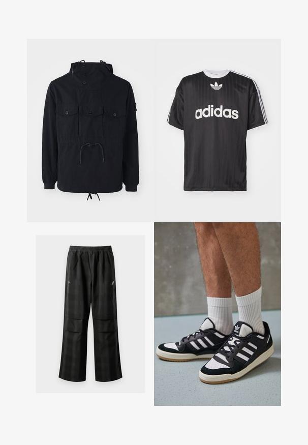 Zwarte lichtgewicht jack met een trekkoordcapuchon, meerdere voorkiezen en een getailleerde taille. Glad materiaal met een relaxte pasvorm.; Zwarte t-shirt met korte mouwen, voorzien van een witte "adidas" logo en drie strepen op elke schouder. Gemaakt van glad, lichtgewicht materiaal met een ronde hals.; Zwarte geruite broek met een elastische tailleband, twee voorzakken en een losse pasvorm met een rechte pijpdesign. Gemaakt van lichtgewicht materiaal.; Zwart-witte sneakers met een bovenwerk van suede en leer, voorzien van drie witte strepen, een geperforeerde neus en een rubberen gumzool.