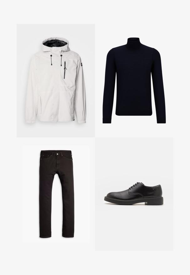 Jachetă albă impermeabilă cu glugă, având buzunare cu fermoar negre, șnururi ajustabile și manșete elastice. Finisaj neted, design ușor.; Pulover turtleneck de culoare navy închis, realizat dintr-o țesătură fină, cu mâneci lungi și un guler înalt, ajustat. Fără modele sau accente vizibile.; Jeans negri slim-fit cu cinci buzunare și închidere cu nasture, așezați plat pe un fundal alb.; Pantofii din piele neagră, cu șireturi, au vârful rotunjit, o textură netedă, cusături minime și un toc de cauciuc scăzut. Logo pe toc.