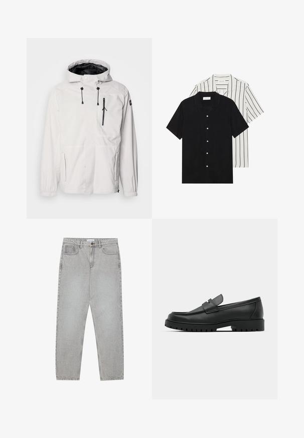 Giacca bianca impermeabile con cappuccio, dotata di tasche con zip nere, cordini regolabili e polsini elasticizzati. Finitura liscia, design leggero.; Due camicie a manica corta: una nera uniforme, l'altra bianca con strisce verticali nere. Entrambe presentano chiusure a bottoni e un colletto classico.; Pantaloni in denim grigio chiaro con design a gamba dritta, stile a cinque tasche e chiusura con bottone. Cuciture visibili lungo le cuciture.; Mocassini in pelle nera con punta rotonda, caratterizzati da un design cucito, suola piatta bassa e un battistrada in gomma testurizzata e scolpita.
