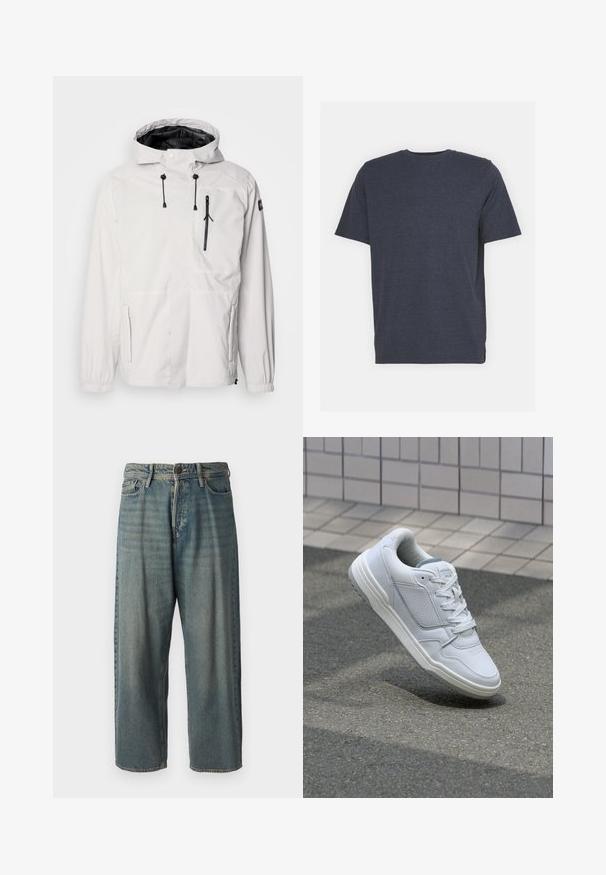 Hvit vanntett jakke med hette, med svarte glidelåslommer, justerbare snorer og elastiske mansjetter. Glatt overflate, lett design.; Marineblå T-skjorte med rund hals laget av myk bomullsblanding, med korte ermer og vanlig passform. Ingen synlige mønstre eller accenter.; Lyseblå denimjeans med løs passform, midjehøyde og rette ben. Har fem lommer, beltehemper og knappelukking.; Hvite lær sneakers med perforerte sider, teksturerte detaljer, flate lisser og en kontrasterende grå hæl. Har en lite hevet såle.