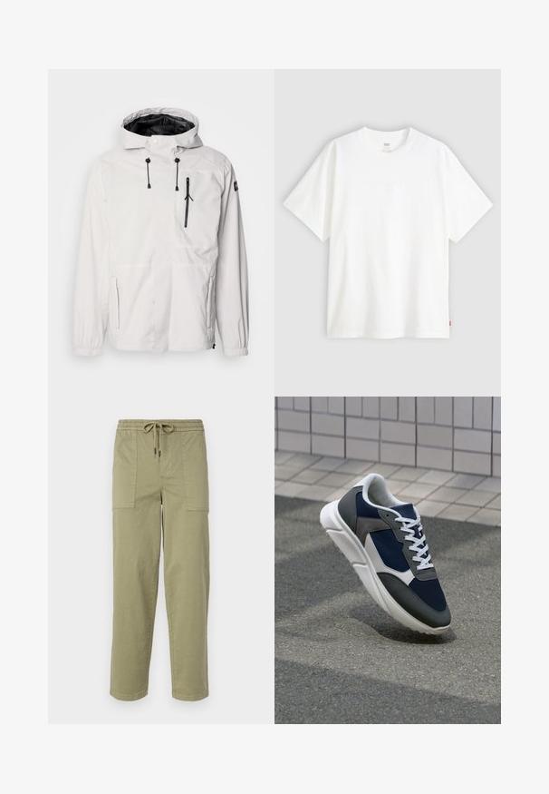 Balta vandeniui atspari striukė su kapišonu, juodomis užtrauktukinėmis kišenėmis, reguliuojamomis raišteliais ir elastinėmis rankovėmis. Lygus paviršius, lengvas dizainas.; Baltas trumpas rankovės marškinėlis, pagamintas iš medvilnės, su apvalia iškirpte. Priekyje yra subtilus iškilus logotipas ir raudonas etiketas ant apačios.; Šviesiai alyvuogių žalios spalvos kelnės, pagamintos iš medvilnės mišinio, su elastingu liemeniu ir raišteliu, bei dviem didelėmis šoninėmis kišenėmis.; Sportiniai bateliai su tamsiai mėlynu tinkliniu viršumi, pilkais zomšiniais akcentais, balta guma padanga ir plokščiomis baltomis raištelėmis, sukurti komfortui ir oro pralaidumui.