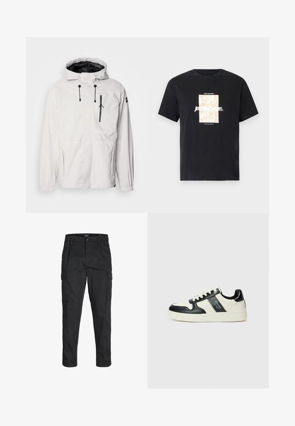 Biała wodoodporna kurtka z kapturem, posiadająca czarne kieszenie zamykane na zamek, regulowane sznurki oraz elastyczne mankiety. Gładkie wykończenie, lekka konstrukcja.; Czarny bawełniany t-shirt z okrągłym dekoltem. Posiada beżowy prostokątny grafik oraz biały tekst "JAWO," umieszczony na środku z przodu. Krótkie rękawy.; Czarne spodnie cargo wykonane z wytrzymałego materiału, z wieloma kieszeniami, zapięciem na guzik oraz zwężanym krojem nogawek.; Skórzane sneakersy w czarno-kremowym schemacie kolorystycznym, z perforowanymi akcentami, wyściełanym kołnierzem i teksturowaną podeszwą.