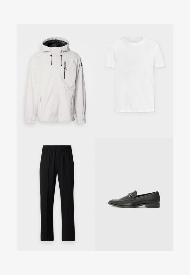 Giacca bianca impermeabile con cappuccio, dotata di tasche con zip nere, cordini regolabili e polsini elasticizzati. Finitura liscia, design leggero.; Maglietta bianca in cotone con maniche corte, scollo tondo e texture morbida. Nessun motivo o grafica presente. Design semplice e classico.; Pantaloni neri con vita elasticizzata e design a gamba dritta, caratterizzati da una texture liscia e senza motivi o hardware visibili.; Mocassino in pelle nera con finitura liscia, caratterizzato da un design cucito e da un accento decorativo in catena metallica sul vamp. Tacco piatto.