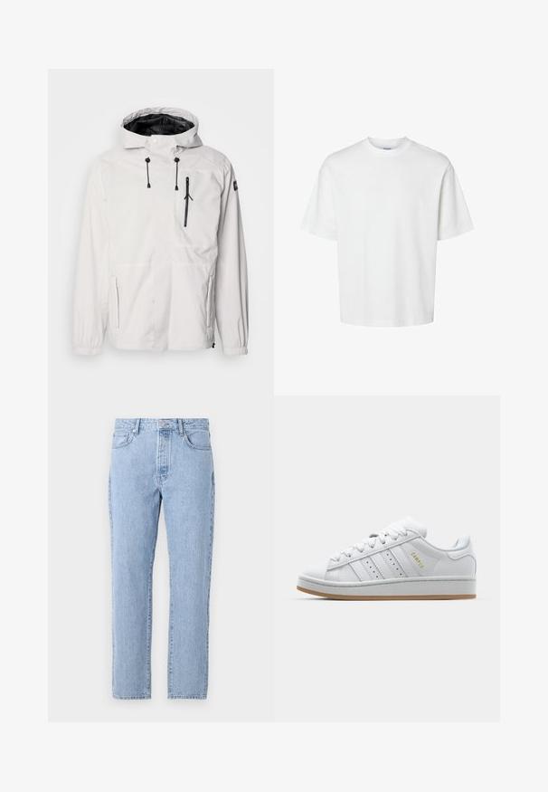 Fehér vízálló kabát kapucnival, fekete cipzáras zsebekkel, állítható húzózsinórokkal és elasztikus mandzsettákkal. Simító felület, könnyű kivitel.; Fehér pamut póló rövid ujjakkal, kerek nyakkivágással és laza szabással. Simább textúra, látható minták vagy kiegészítők nélkül.; Világoskék denim farmernadrág, egyenes szárakkal, öt zsebbel és gombos zárással. Puha tapintású, klasszikus, megfakult megjelenéssel.; Fehér sneaker perforált háromsávos dizájnnal, texturált akcentusokkal, gumitalppal és arany "CAMPUS" logóval az oldalon.