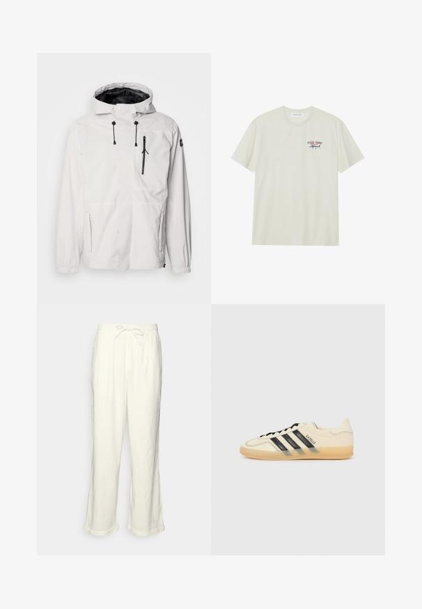 Valge veekindel jakk kapuutsiga, millel on mustad tõmblukuga taskud, reguleeritavad nööridega ja elastsed mansetid. Sile viimistlus, kerge disain.; Heledat koonus puuvillane T-särk lühikeste varrukatega. Omab väikest sinise ja punase graafikaga marliini ning tekst "MARLIN TROPHY".; Lina püksid tühjas valges, millel on paelaga vöökoht, veidi laiemad sääred ja keeratud varrud mugavaks istumiseks. Taskud puuduvad.; Kerge kreemjasneaker mustade kolme triibuga disainiga, tekstureeritud ülemine osa, ümar varvas ja kummitald. Omab paelu ja brändimist külgedel.