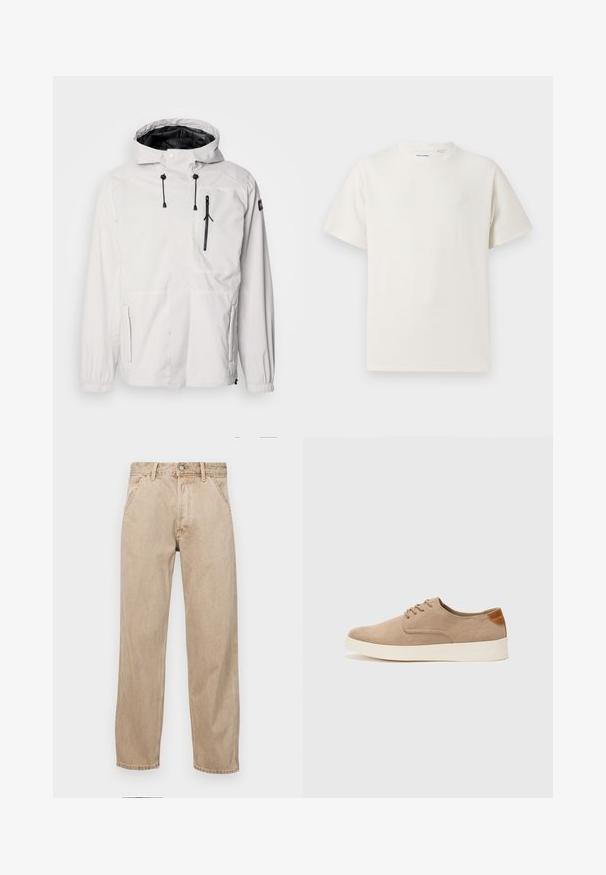 Giacca bianca impermeabile con cappuccio, dotata di tasche con zip nere, cordini regolabili e polsini elasticizzati. Finitura liscia, design leggero.; T-shirt bianca a maniche corte in texture a coste. Girocollo, vestibilità rilassata, senza modelli o accenti visibili. Design semplice e versatile.; Jeans in denim beige con un design a gamba dritta, dotati di tasche frontali, chiusura con bottone metallico e una texture delicata.; Sneaker in suede beige con punta arrotondata, stringhe davanti e un accento testurizzato sul retro. La suola in gomma bianca offre un contrasto. Design semplice e moderno.