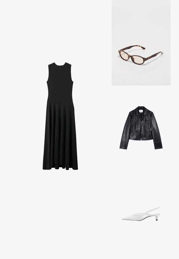 Zwarte nep leren jas met een cropped ontwerp, voorzien van metalen luchtgaten op de kraag en zakken, en lange mouwen.; Zwarte mouwloze maxi-jurk met een aansluitend lijfje en een uitlopende rok, met een gladde textuur en een minimalistisch ontwerp, zonder zichtbare sluitingen.; Witte slingback hak met spitse neus, voorzien van een gladde bovenkant, subtiele uitsparingen en een lage blokhak. Zwarte zool accentueert het ontwerp.; Schildpadbril met een ronde vorm en lichte lenzen. Heeft stevige armen met kleine gouden accenten, gemaakt van plastic materiaal.; Zwarte leren schoudertas met een gladde textuur, gebogen vorm en verstelbare hengel. Heeft minimale stiksels en een eenvoudig ontwerp.
