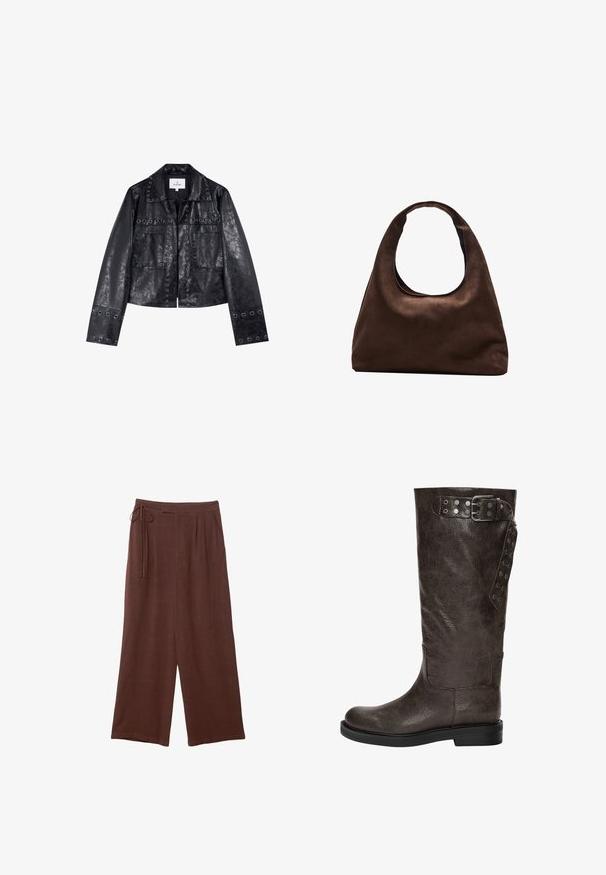 Svart fusk läderjacka med en kortad design, som har metallöglor på kragen och fickorna samt långa ärmar.; Vit halterneck top med en djup V-ringning, rynkad front och justerbar knytning i nacken. Tillverkad av mjukt, texturerat tyg.; Bruna vida byxor med dragsko i midjan, med veck och en mjuk textur, tillverkade av lättviktsmaterial.; Bruna läderstövlar i knähöjd med en texturerad yta, som har en spänne och tryckknappsdetaljer på sidan, samt en platt gummisula.; Mjuk brun hobo-väskastil med ett brett axelband och en rundad öppning upptill, visad på en vit bakgrund.