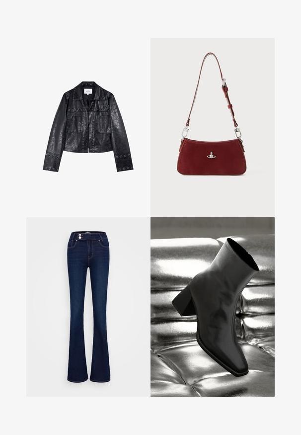 Schwarze Kunstlederjacke mit einem cropped Design, ausgestattet mit metallischen Ösen am Kragen und an den Taschen sowie langen Ärmeln.; Grau langärmliges Shirt mit vertikalen weißen Streifen, Kragen und Reißverschluss vorne. Verfügt über ein tailliertes Design und einen abgerundeten Saum.; Dunkelblaue Schlagjeans mit hoher Taille, zwei Fronttaschen und zwei Knopfverschlüssen. Hergestellt aus Denim mit glatter Textur.; Schwarzer Knöchelstiefel aus glänzendem Material mit quadratischer Zehenform und verjüngtem Absatz, vor einem glänzenden silbernen gepolsterten Hintergrund.; Rote Wildleder Schultertasche mit einer curved Form. Verfügt über einen silberfarbenen Akzent und einen verstellbaren Trageriemen mit Hardware-Details. Glatte Textur.