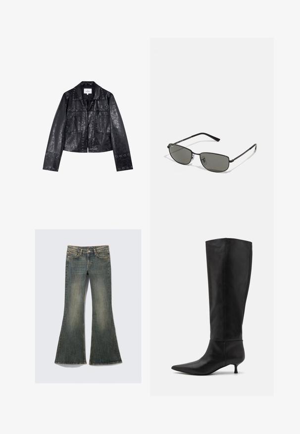 Giacca nera in ecopelle con design corto, dotata di occhielli metallici sul colletto e sulle tasche, e maniche lunghe.; T-shirt bianco a maniche corte realizzato in cotone. Presenta un colletto rotondo, un design semplice e un'etichetta con il logo sul colletto. Texture liscia.; Jeans in denim a gamba svasata di colore blu sbiadito con un classico design a cinque tasche, caratterizzati da una leggera texture e cuciture visibili.; Stivali neri in pelle al ginocchio con punta affusolata e tacco kitten. Texture liscia e design minimalista senza hardware o accenti visibili.; Occhiali da sole con montatura nera in metallo, dotati di lenti rettangolari. Presentano un design sottile e lenti grigie, esprimendo uno stile minimalista.; Borse a tracolla in pelle bordeaux con doppi manici, superficie testurizzata, tasche laterali con zip e forma strutturata. Presenta accessori in metallo argentato.