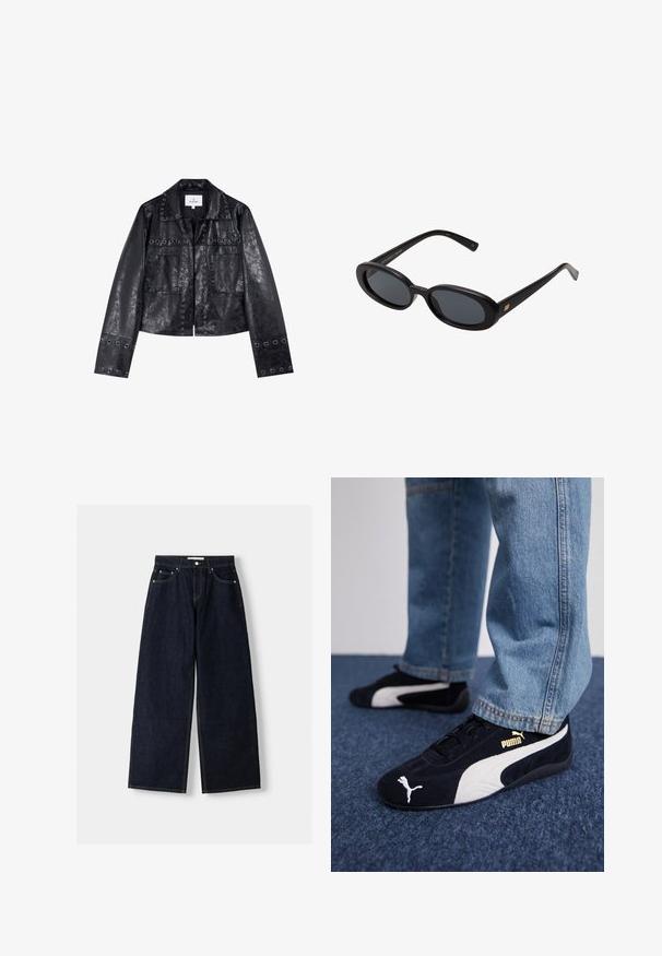 Czarna kurtka z faux skóry o skróconym kroju, z metalowymi oczkami na kołnierzu i kieszeniach oraz długimi rękawami.; Biały prążkowany top na ramiączkach z czarnym haftowanym logo umieszczonym na środku klatki piersiowej. Dekolt i otwory na ramiona wykończone subtelnym obszywaniem.; Granatowe dżinsy z szerokimi nogawkami i wysokim stanem, pięć kieszeni, kontrastowe szwy i srebrne metalowe akcesoria. Gładka tekstura i czyste wykończenie.; Czarne zamszowe sneakersy z białymi akcentami i złotym logo. Noszone z jasnoniebieskimi dżinsami na teksturowanej niebieskiej powierzchni.; Czarne, oversize okulary przeciwsłoneczne z owalnymi soczewkami, gładkim plastikowym mostkiem i złotymi akcentami na zausznikach. Ciemne soczewki zapewniają ochronę przed słońcem.