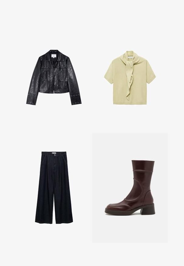 Zwarte nep leren jas met een cropped ontwerp, voorzien van metalen luchtgaten op de kraag en zakken, en lange mouwen.; Lichtbeige korte mouwen gebreid top met een bevestigde sjaaldetail die rond de halslijn hangt.; Donkerdenim wijde-broek met een hoge taille, voorzien van een sluiting met knoop aan de voorkant, twee zijzakken en stikdetails.; MIISTA MALENE - Lage laarzen - brown