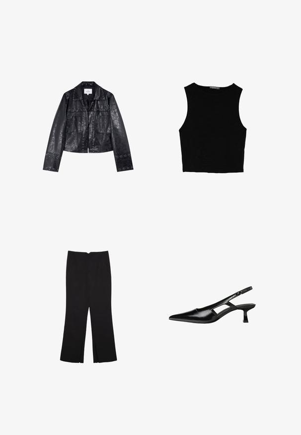 Giacca nera in ecopelle con design corto, dotata di occhielli metallici sul colletto e sulle tasche, e maniche lunghe.; Top corto senza maniche nero realizzato in tessuto liscio, con scollatura rotonda e un design pulito e semplice, privo di pattern o accessori.; Pantaloni neri a gamba dritta, con tasche frontali e spacchi laterali all'orlo. Realizzati in tessuto morbido e liscio. Adatti a diverse occasioni.; Tacchi slingback in pelle verniciata nera con punta affusolata, design con tagli laterali e tacco quadrato piccolo. Texture liscia con dettagli minimi.