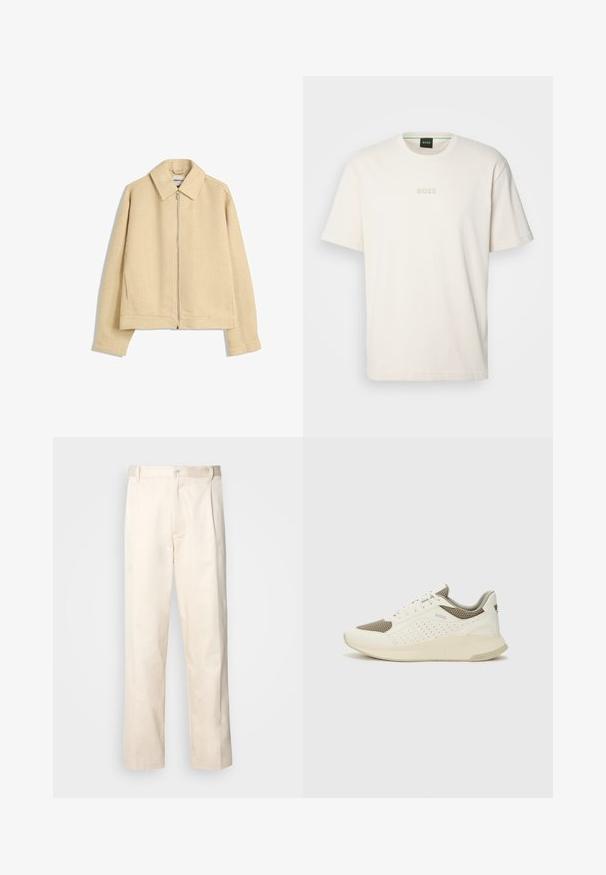 Beige, teksturoitu vetoketjullinen takki, jossa on kaulus, pitkät hihat ja kaksi etutaskua. Kankaan pinnassa on vohvelineulekuvio.; BOSS TEE - T-paita - open white; Vaaleanbeige puuvillahousut, joissa on suora lahje, varustettu nappisulkeisella ja etupuolella olevilla laskoksilla lisäyksinä.; Valkoinen ja vaaleanbeige urheilukengät, joissa on verkkomateriaali yläosa, rei'itettyjä yksityiskohtia ja teksturoitu välipohja, jossa on brändäys kantapäässä.
