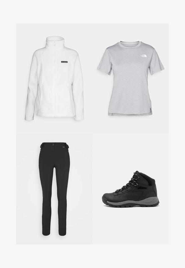 Columbia BENTON SPRINGS™ FULL ZIP - Casaco polar - sea salt; T-shirt cinza de mangas curtas feito de um tecido suave e que absorve a humidade. Apresenta um decote redondo e um pequeno logotipo branco na parte superior esquerda.; Calças pretas, ajustadas, feitas de um material flexível. As características incluem um bolso lateral com fecho éclair, joelhos articulados e uma textura suave.; Bota de caminhada preta com design de cano médio, apresentando um upper texturizado, detalhes cinzentos e sola de borracha durável com cravos de tração.