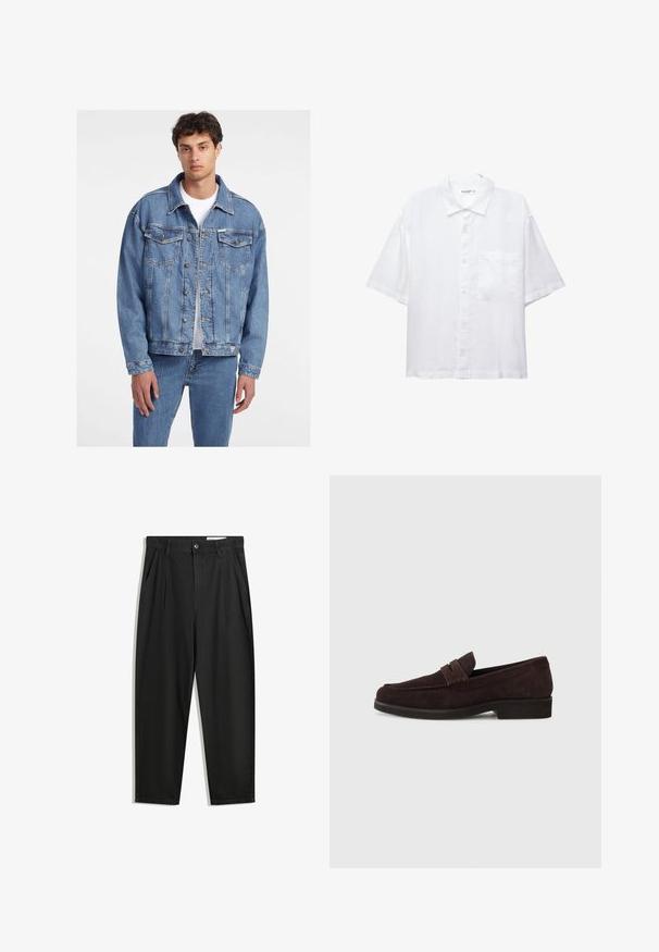 Giacca in denim azzurro chiaro con un design classico, dotata di due tasche frontali, chiusura a bottoni e una vestibilità leggermente oversize.; Camicia bianca a maniche corte con chiusura a bottoni, colletto e una singola tasca sul petto. Realizzata in tessuto leggero con una texture liscia.; Pantaloni in cotone neri con una vestibilità rilassata, dotati di una vita classica, pieghe frontali e tasche laterali. Tessuto liscio senza fantasie.; Mocassini in suede marrone con profilo basso e punta arrotondata. Presentano una fascia decorativa sulla parte superiore, suola piatta in gomma e nessuna cucitura visibile.