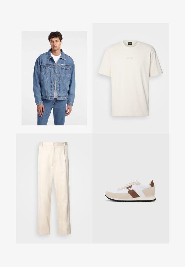 Lys blå denimjakke med klassisk design, som har to frontlommer, knappeåpning og en litt oversized passform.; BOSS TEE - T-shirts - open white; Beige bomullsbukser med rett benfatt, med knappelukking og folder foran for ekstra detaljer.; Sneakers med en kombinasjon av hvit nett og beige semsket skinn, med et brunt lærdetalj. Rund tå, flat gummisåle og snøring.