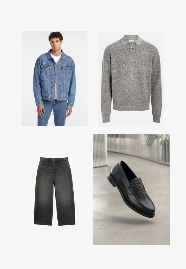 Světle modrá džínová bunda s klasickým designem, která má dvě přední kapsy, zapínání na knoflíky a mírně oversized střih.; Šedý pletený pulovr s polo límcem, se třemi knoflíky. Hladká struktura a dlouhé rukávy. Jednoduchý, klasický design.; Džínsy s širokými nohavicemi, černé barvy, s vybledlým vzhledem, mají klasický design s pěti kapsami a zapínání na knoflík. Rovný střih s texturovaným povrchem.; Černá kožená mokasína s hladkou texturou, špičatou špičkou a ozdobným páskem přes nárt. Lehká podrážka, minimalistický design.