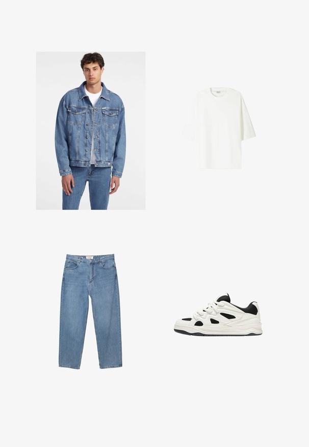 Jachetă din denim de culoare bleu deschis, cu un design clasic, având două buzunare frontale, închidere cu nasturi și o croială ușor supradimensionată.; Tricou alb cu mânecă scurtă, fabricat din bumbac, cu guler tip crew și o croială lejeră, având o tivă dreaptă.; Jeans din denim albastru deschis, cu croială dreaptă, design cu cinci buzunare și o etichetă de brand vizibilă la talie.; Adidași albi și negri cu o talpă texturată, având desene decupate pe laterale și șireturi, și un călcâi căptușit pentru susținere.