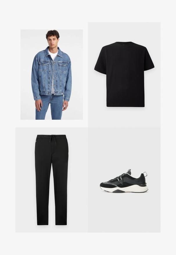 Šviesiai mėlynas džinsinis švarkas su klasikinio dizaino bruožais, turintis dvi priekinės kišenes, sagų uždarymo sistemą ir šiek tiek per didelį kirpimą.; Juodas trumpomis rankovėmis marškinėliai, pagaminti iš tekstūruotos medžiagos, su apvaliu iškirpimu ir laisvu siluetu. Paprasti, be raštų ar akcentų.; Jack & Jones JPSTACE NEO JOGGER - Kelnės - black; Juodi sportbačiai, pagaminti iš aksomo ir tinklelio medžiagų, su masyviais baltais padais ir atspindinčiais akcentais. Ryškios raišteliais ir su šoniniais kilpos.