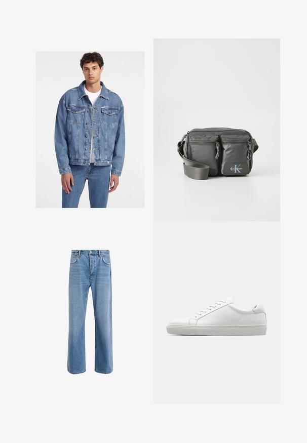 Svetlomodrá rifľová bunda s klasickým dizajnom, s dvoma prednými vreckami, gombíkovým zapínaním a mierne prehnaným strihom.; Dlhý rukáv, polo-výstrihová košeľa vo svetlej krémovej bavlne. Hladká textúra, voľný strih, minimalistický dizajn, žiadne viditeľné vzory ani akcenty.; Svetlo modré denimové džínsy so strihom rovného nohu, päť vreciek, zapínanie na gombík, minimálne vyblednutie a kontrastné švy.; Biele tenisky s hladkým koženým zvrškom a nízkym profilom. Majú zaoblenú špičku, šesť očiek a štruktúrovanú gumovú podrážku.; Šedá nylonová taška cez telo s dvoma zipsovými prednými vreckami, nastaviteľným popruhom a akcentom loga. Hladký povrch s moderným dizajnom.