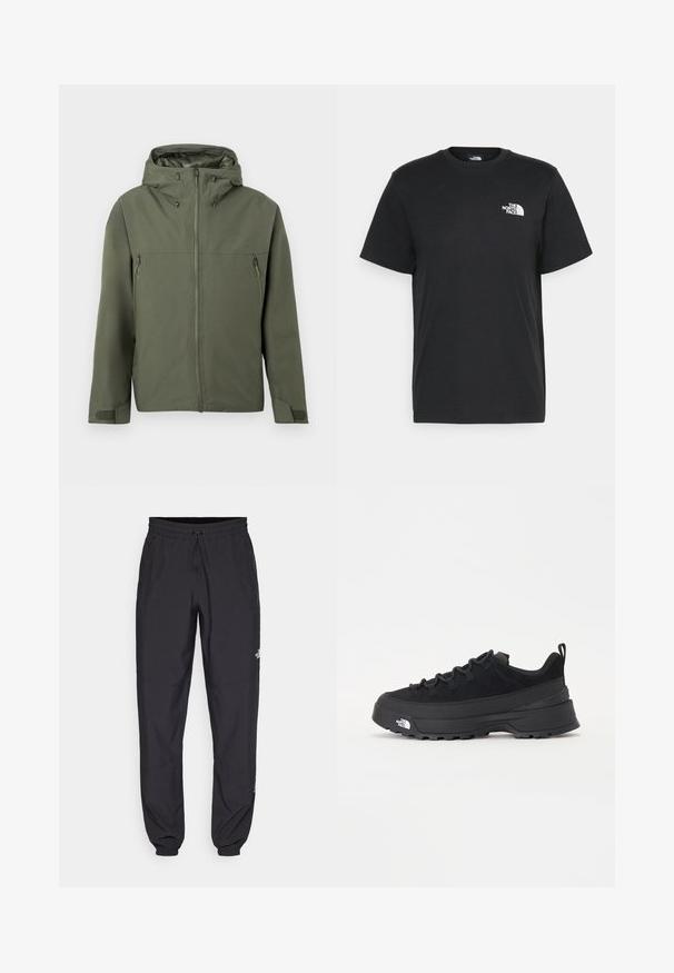 Oliwkowa kurtka z zamkiem błyskawicznym, regulowanym kapturem i dwoma zasuwanymi kieszeniami z przodu. Minimalistyczny design z teksturowaną tkaniną.; Czarna bawełniana koszulka z krótkimi rękawami, okrągłym dekoltem i małym białym logo na lewej piersi. Prosty design, gładka faktura i luźny krój.; Czarne spodenki sportowe wykonane z lekkiego materiału, z elastycznym pasem na sznurek, bocznymi kieszeniami i zwężanymi mankietami przy kostkach.; Czarne sneakersy outdoorowe z zamszowym wierzchem, teksturowaną gumową podeszwą i solidnym systemem sznurowania. Posiadają wzmocnioną piętę oraz logo marki na boku.