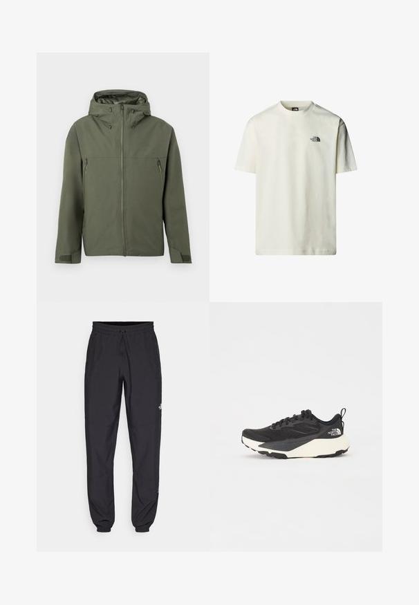 Olivgrüne Jacke mit Reißverschluss, verstellbarem Kapuze und zwei vorderen Reißverschlusstaschen. Minimalistisches Design mit strukturierter Stoff.; Baumwoll-T-Shirt in Off-White mit kurzen Ärmeln, Rundhalsausschnitt und einem kleinen schwarzen Logodruck auf der linken Brust. Glatte Textur.; Schwarze Sporthosen aus leichtem Stoff, mit einem Kordelzugbund, seitlichen Taschen und schmal zulaufenden Bündchen an den Knöcheln.; Schwarzer Sportschuh mit strukturiertem Mesh-Obermaterial, komplett schwarzen Akzenten und leichter weißer Laufsohle. Verfügt über eine Schnürung und eine Zuglasche.