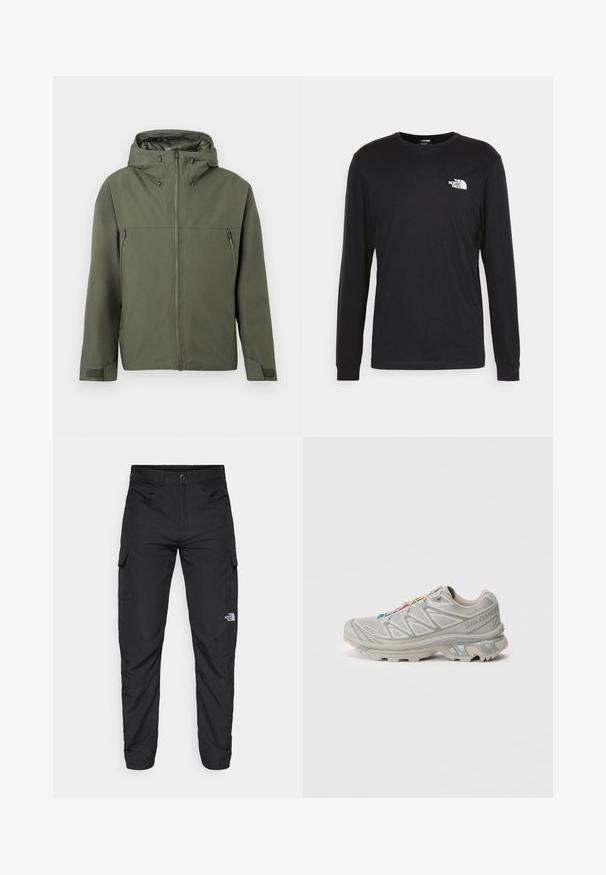 Maslinasto zeleni jakna s zatvaračem, podesivom kapuljačom i dva prednja džepa sa zatvaračem. Minimalistički dizajn s teksturiranim materijalom.; Crna majica dugih rukava od pamuka, s bijelim logotipom na lijevoj strani prsnog koša i rebrastim manžetama. Glatka tekstura s okruglim dekolteom.; The North Face HORIZON PANT - Hlače za otvoreno - black; Svijetlo siva atletska cipela s teksturiranim mrežastim gornjim dijelom, reflektirajućim detaljima, izraženim potplatom i šarenim vezicama. Ima potporni dizajn.
